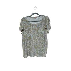 AMANA Womens Tan White Leaf Print Short Sleeve Scoop Neck Top Plus Size XL